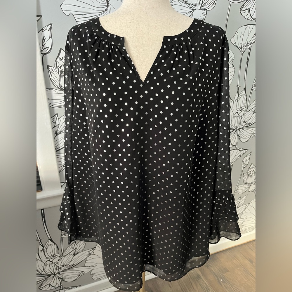 Talbots v-neck blouse Black with metallic silver polka dots.